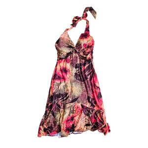 Cache Vintage Autumn Leaf Print Halter Dress Womens 12 Ruffle Hem